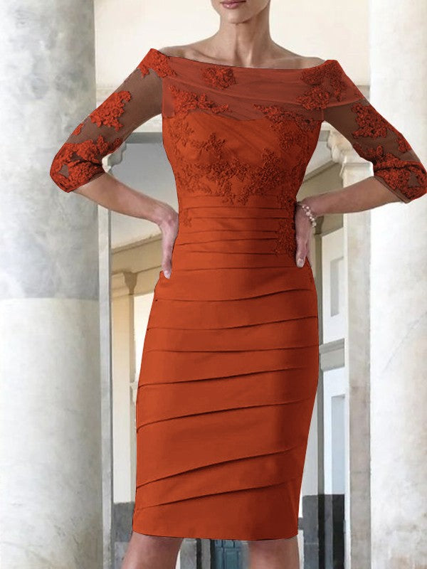 Elegant tight fitting straight tube satin decal 3/4 sleeve knee length bridal Mother of the Bride Dresses