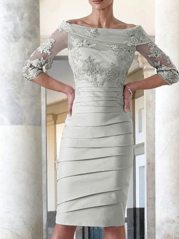 Elegant tight fitting straight tube satin decal 3/4 sleeve knee length bridal Mother of the Bride Dresses