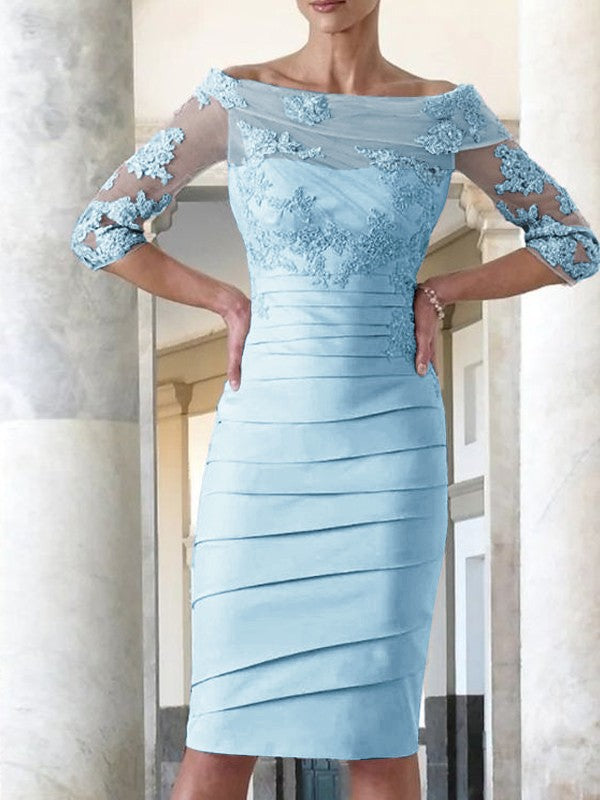 Elegant tight fitting straight tube satin decal 3/4 sleeve knee length bridal Mother of the Bride Dresses