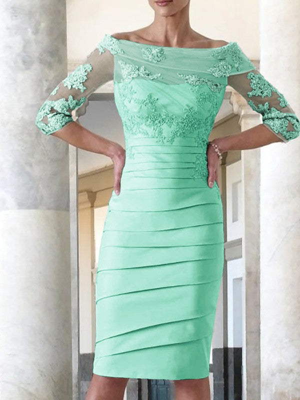 Elegant tight fitting straight tube satin decal 3/4 sleeve knee length bridal Mother of the Bride Dresses