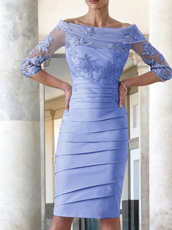 Elegant tight fitting straight tube satin decal 3/4 sleeve knee length bridal Mother of the Bride Dresses