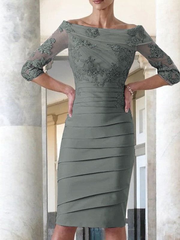 Elegant tight fitting straight tube satin decal 3/4 sleeve knee length bridal Mother of the Bride Dresses