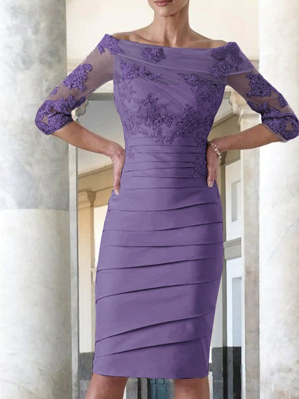 Elegant tight fitting straight tube satin decal 3/4 sleeve knee length bridal Mother of the Bride Dresses
