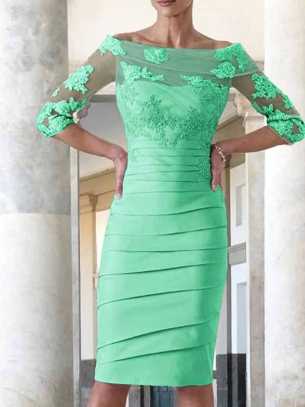 Elegant tight fitting straight tube satin decal 3/4 sleeve knee length bridal Mother of the Bride Dresses