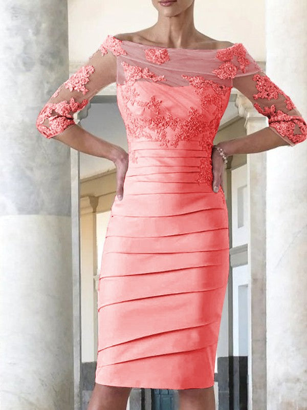 Elegant tight fitting straight tube satin decal 3/4 sleeve knee length bridal Mother of the Bride Dresses