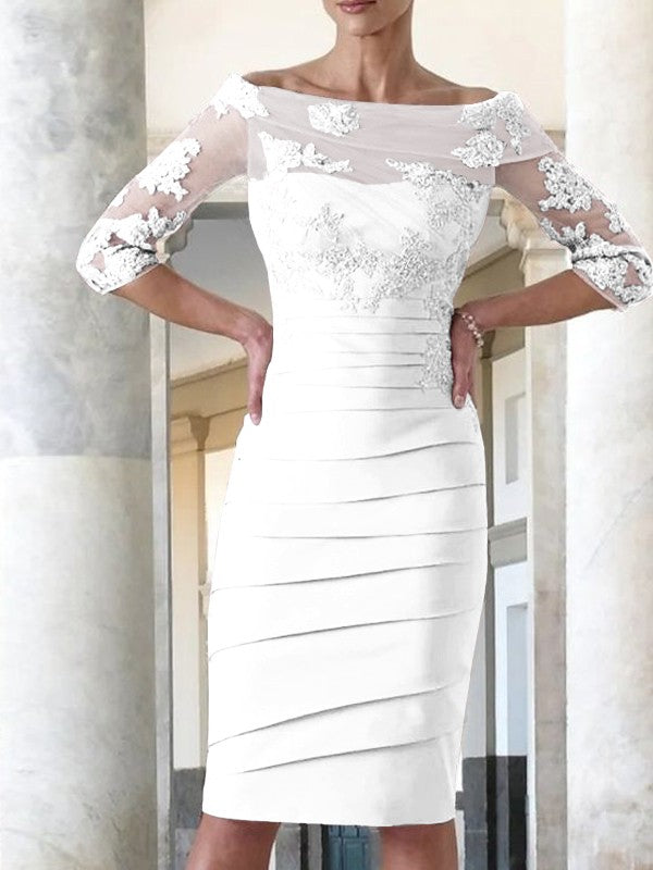Elegant tight fitting straight tube satin decal 3/4 sleeve knee length bridal Mother of the Bride Dresses