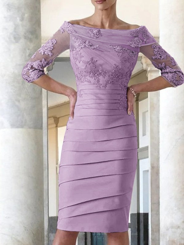 Elegant tight fitting straight tube satin decal 3/4 sleeve knee length bridal Mother of the Bride Dresses