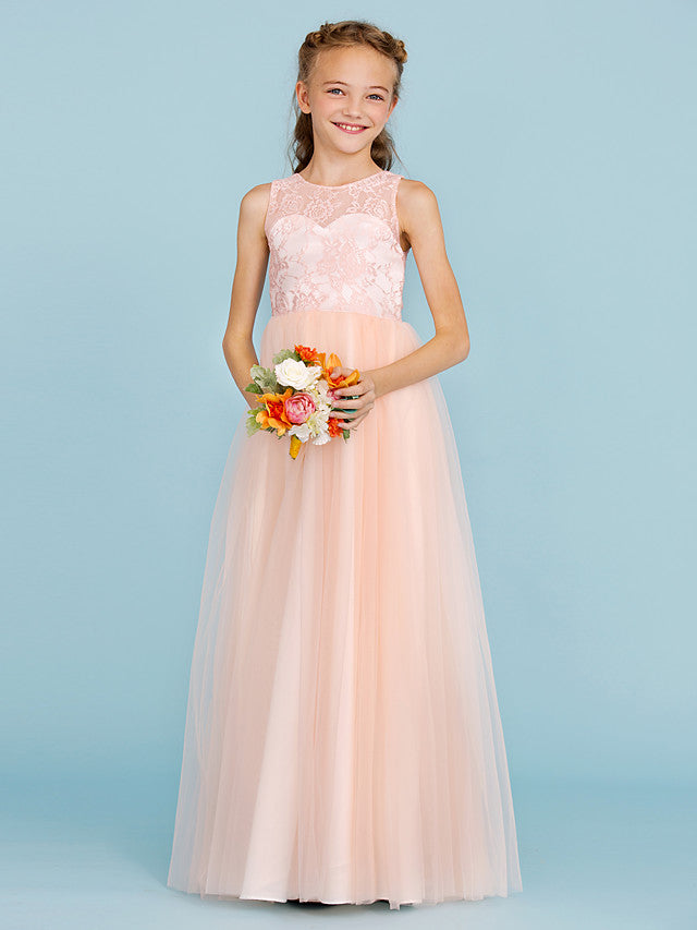 Princess A-Line Lace Tulle Junior Flower Girl Dress With Pleats for Weddings