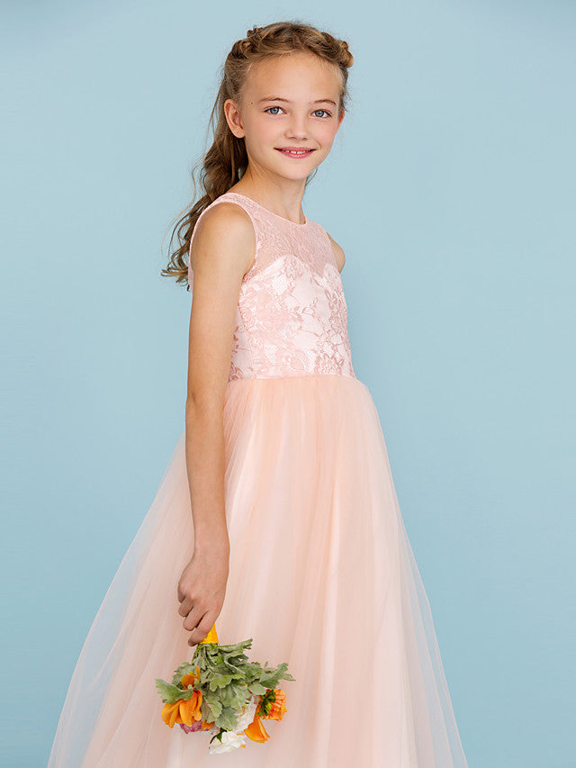 Princess A-Line Lace Tulle Junior Flower Girl Dress With Pleats for Weddings
