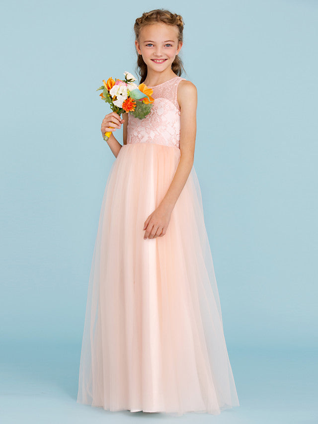 Princess A-Line Lace Tulle Junior Flower Girl Dress With Pleats for Weddings