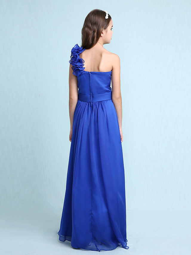 Princess A-Line One-Shoulder Chiffon Junior Bridesmaid Dress with Sash Ribbon Ruffles and Side Draping for Spring Fall Winter Wedding Party Natural