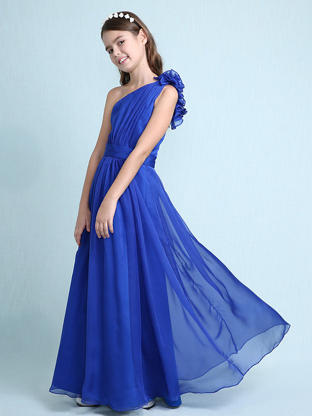 Princess A-Line One-Shoulder Chiffon Junior Bridesmaid Dress with Sash Ribbon Ruffles and Side Draping for Spring Fall Winter Wedding Party Natural