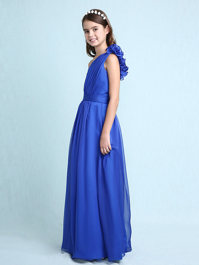 Princess A-Line One-Shoulder Chiffon Junior Bridesmaid Dress with Sash Ribbon Ruffles and Side Draping for Spring Fall Winter Wedding Party Natural