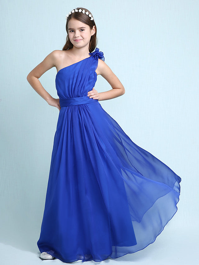 Princess A-Line One-Shoulder Chiffon Junior Bridesmaid Dress with Sash Ribbon Ruffles and Side Draping for Spring Fall Winter Wedding Party Natural
