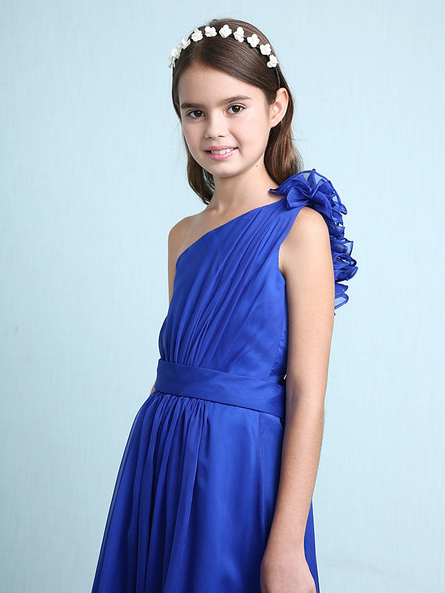 Princess A-Line One-Shoulder Chiffon Junior Bridesmaid Dress with Sash Ribbon Ruffles and Side Draping for Spring Fall Winter Wedding Party Natural