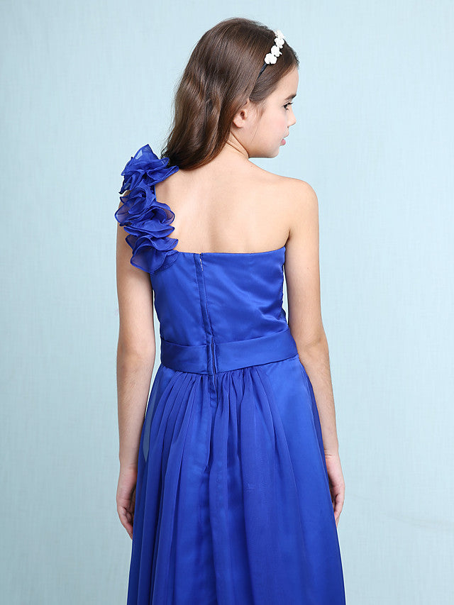 Princess A-Line One-Shoulder Chiffon Junior Bridesmaid Dress with Sash Ribbon Ruffles and Side Draping for Spring Fall Winter Wedding Party Natural