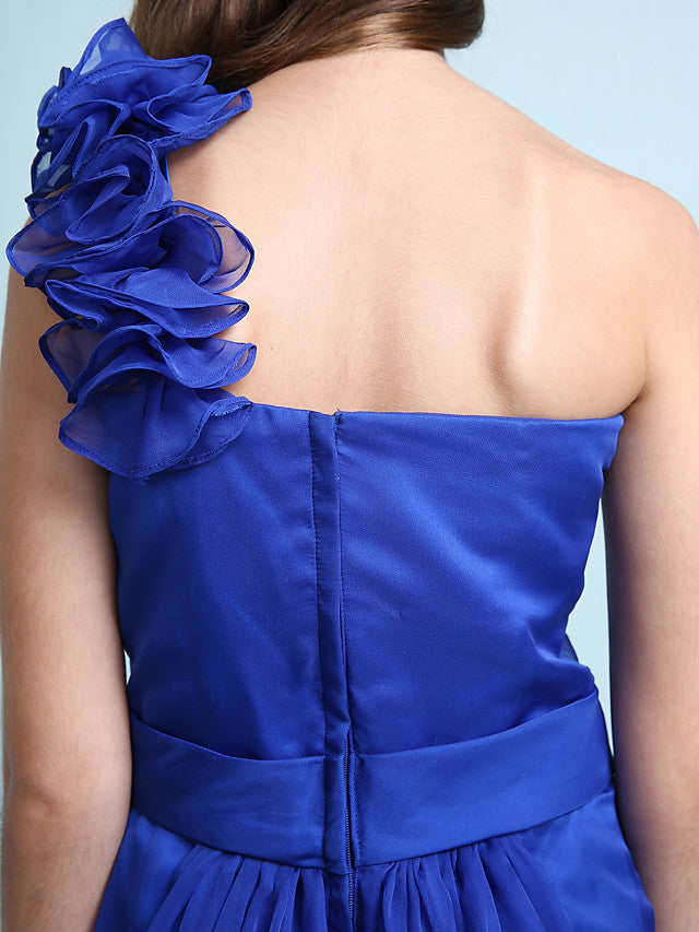 Princess A-Line One-Shoulder Chiffon Junior Bridesmaid Dress with Sash Ribbon Ruffles and Side Draping for Spring Fall Winter Wedding Party Natural