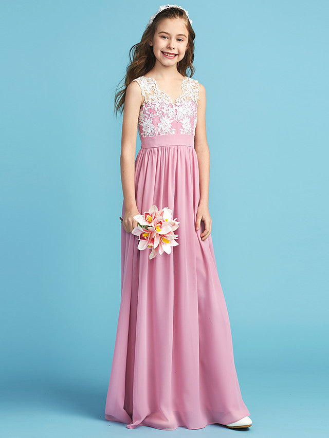 Princess A-Line Queen Anne Floor Length Chiffon Lace Junior Flower Girl Dress With Lace Pleats