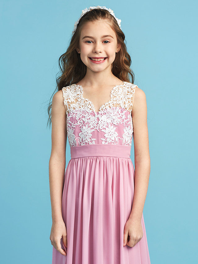 Princess A-Line Queen Anne Floor Length Chiffon Lace Junior Flower Girl Dress With Lace Pleats