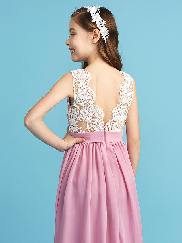 Princess A-Line Queen Anne Floor Length Chiffon Lace Junior Flower Girl Dress With Lace Pleats