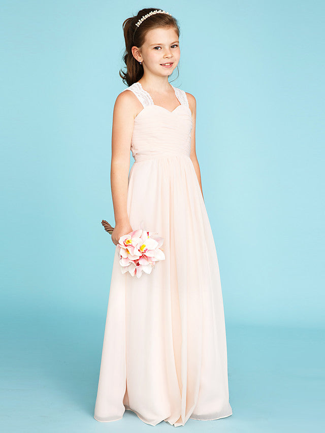 Princess A-Line Strap Floor Length Chiffon Lace Junior Bridesmaid Dress With Ruched Side-Draped for Wedding Party