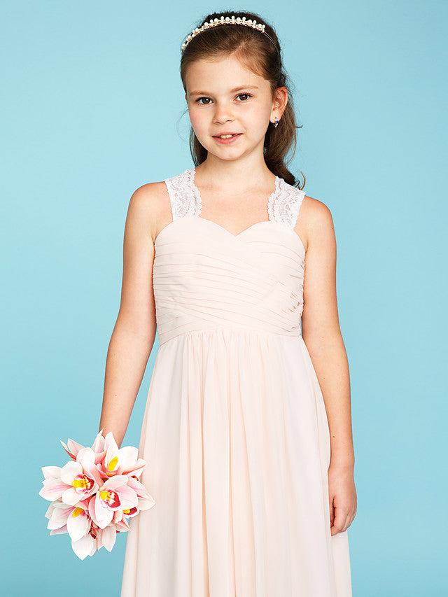 Princess A-Line Strap Floor Length Chiffon Lace Junior Bridesmaid Dress With Ruched Side-Draped for Wedding Party