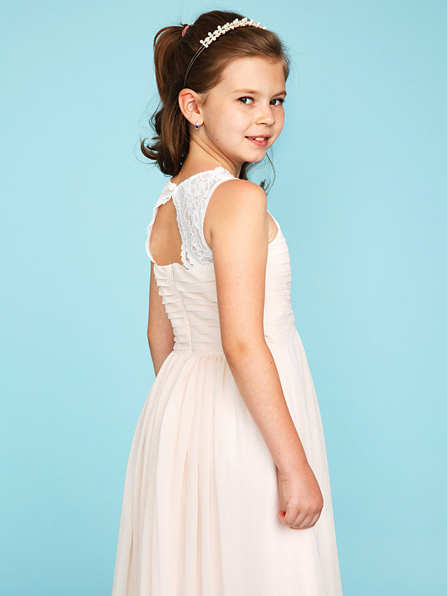 Princess A-Line Strap Floor Length Chiffon Lace Junior Bridesmaid Dress With Ruched Side-Draped for Wedding Party