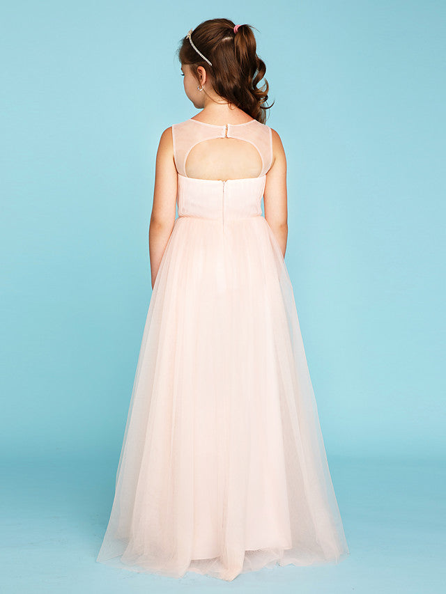 Princess A-Line V Neck Floor Length Tulle Junior Flower Girl Dress with Criss Cross Crystals Wedding Party