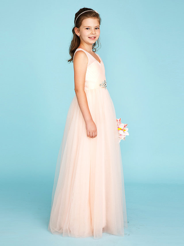 Princess A-Line V Neck Floor Length Tulle Junior Flower Girl Dress with Criss Cross Crystals Wedding Party