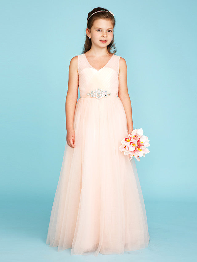 Princess A-Line V Neck Floor Length Tulle Junior Flower Girl Dress with Criss Cross Crystals Wedding Party