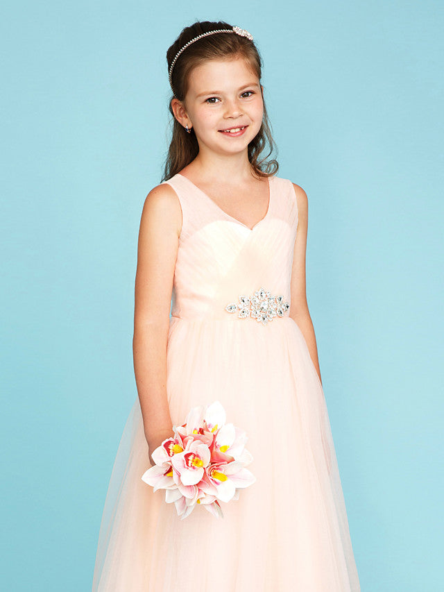 Princess A-Line V Neck Floor Length Tulle Junior Flower Girl Dress with Criss Cross Crystals Wedding Party