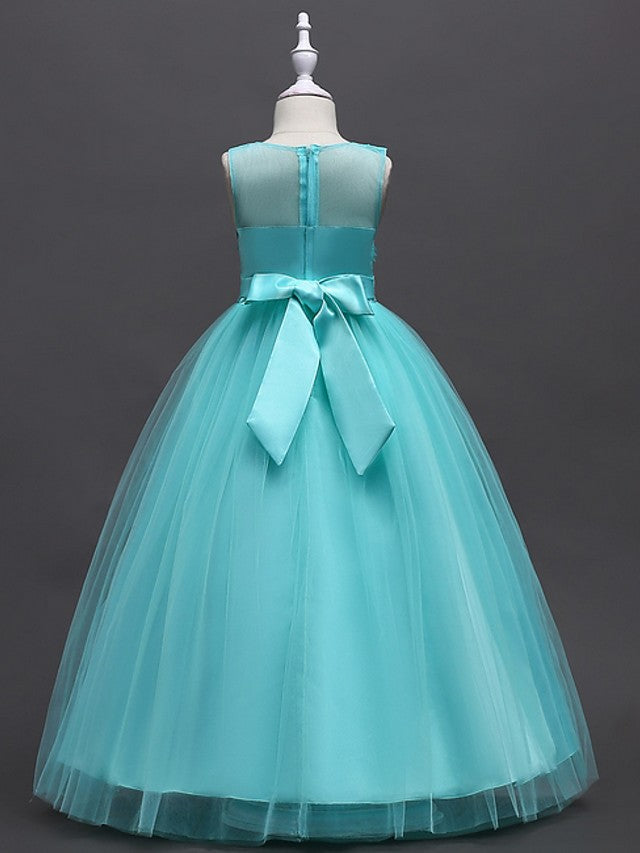 Princess Ball Gown Sleeveless Jewel Neck Flower Girl Dresses with Tulle Sash Ribbon Bow Appliques