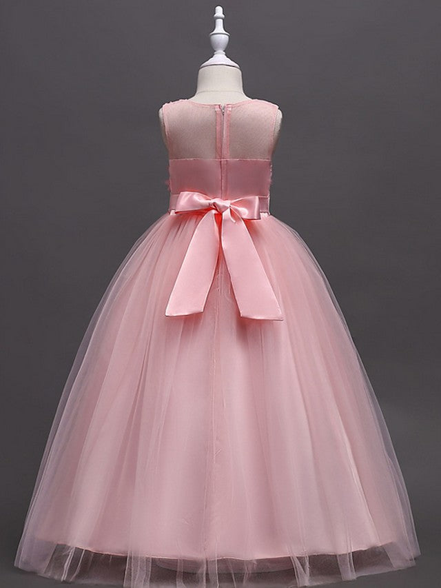 Princess Ball Gown Sleeveless Jewel Neck Flower Girl Dresses with Tulle Sash Ribbon Bow Appliques