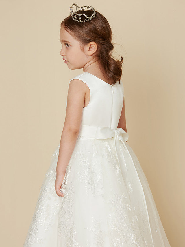 Princess Lace Satin Sleeveless Dress with Sash Bow for Flower Girls