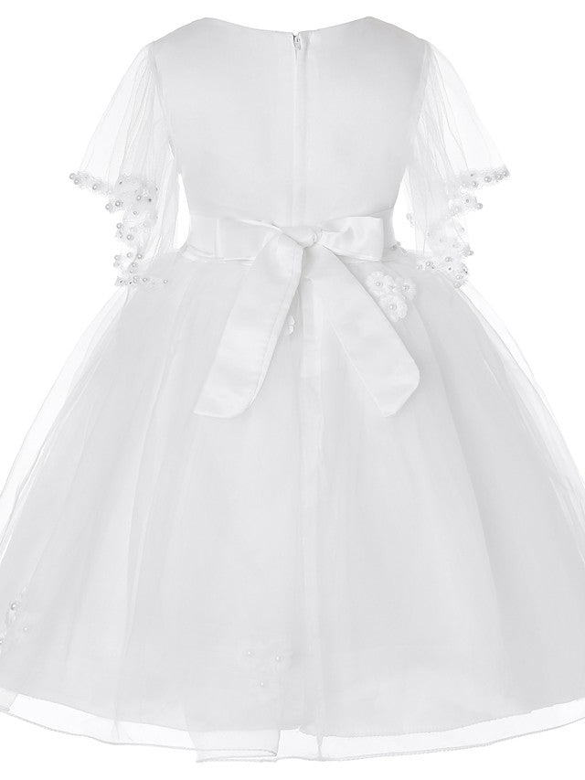 Princess Midi Dress for Weddings & Birthdays: Satin Tulle Jewel Neck with Bow(s) Pearls & Beading