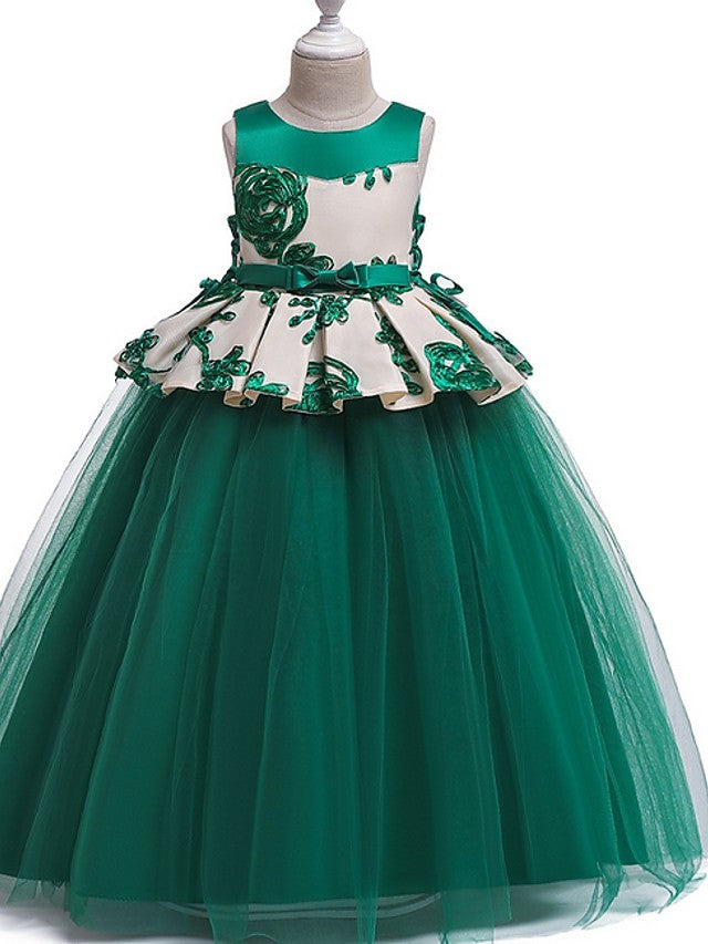 Princess Round Floor Length Cotton Bow Appliques Flower Girl Dress