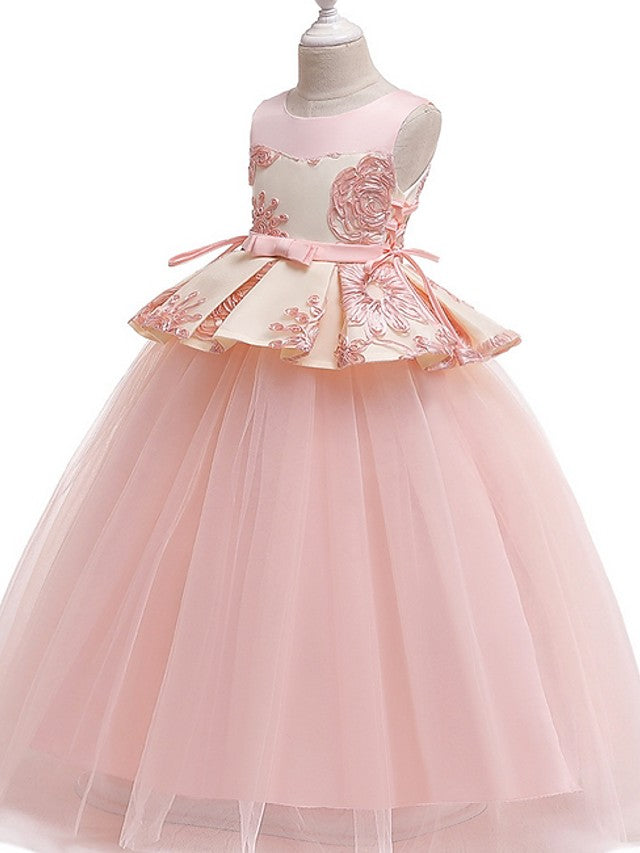 Princess Round Floor Length Cotton Bow Appliques Flower Girl Dress
