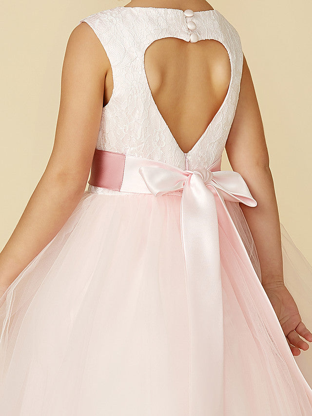 Princess Satin Tulle Lace Appliques Sleeveless Flower Girl Dresses for Floor Length