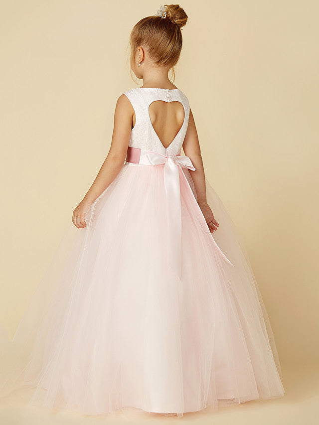 Princess Satin Tulle Lace Appliques Sleeveless Flower Girl Dresses for Floor Length