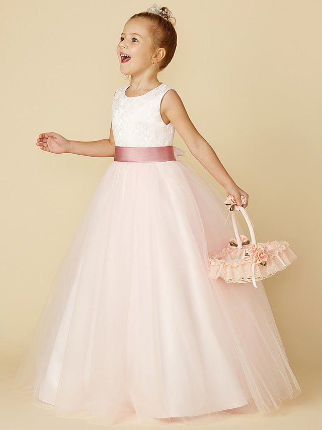 Princess Satin Tulle Lace Appliques Sleeveless Flower Girl Dresses for Floor Length