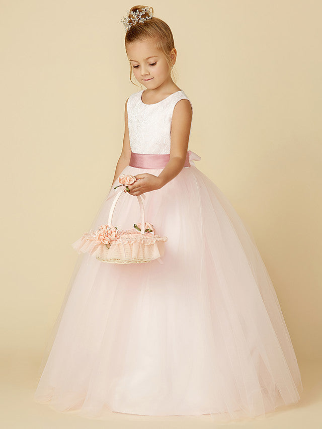 Princess Satin Tulle Lace Appliques Sleeveless Flower Girl Dresses for Floor Length