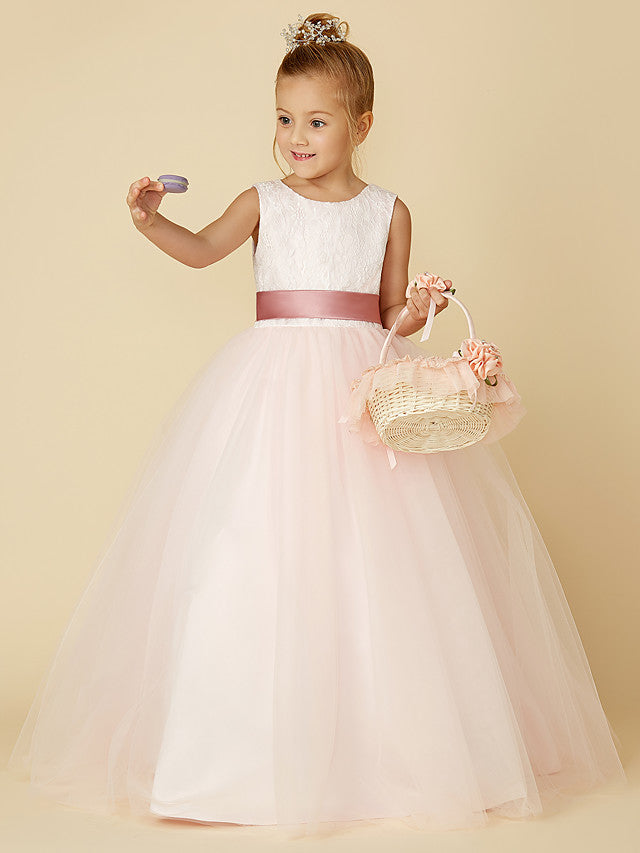 Princess Satin Tulle Lace Appliques Sleeveless Flower Girl Dresses for Floor Length