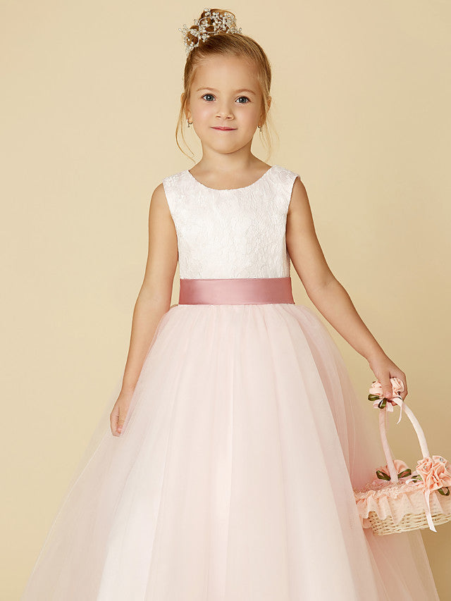 Princess Satin Tulle Lace Appliques Sleeveless Flower Girl Dresses for Floor Length