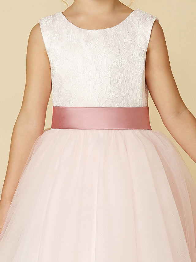 Princess Satin Tulle Lace Appliques Sleeveless Flower Girl Dresses for Floor Length