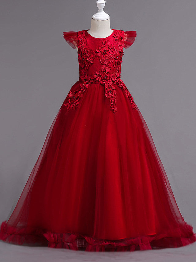 Princess Short Sleeve Flower Girl Dress with Lace Appliques Ruffles