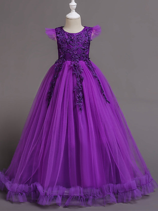 Princess Short Sleeve Flower Girl Dress with Lace Appliques Ruffles