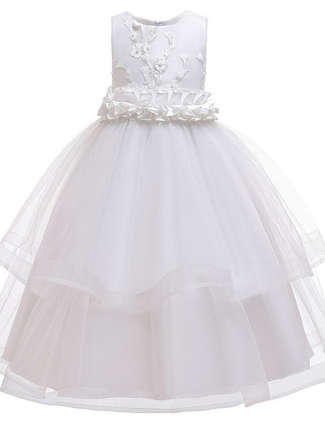 Princess Sleeveless Flower Girl Dress with Bow Appliques and Round Floor Length