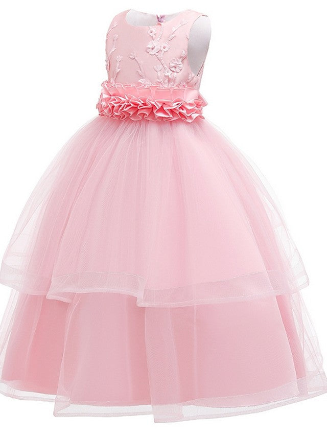 Princess Sleeveless Flower Girl Dress with Bow Appliques and Round Floor Length