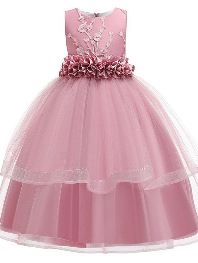 Princess Sleeveless Flower Girl Dress with Bow Appliques and Round Floor Length