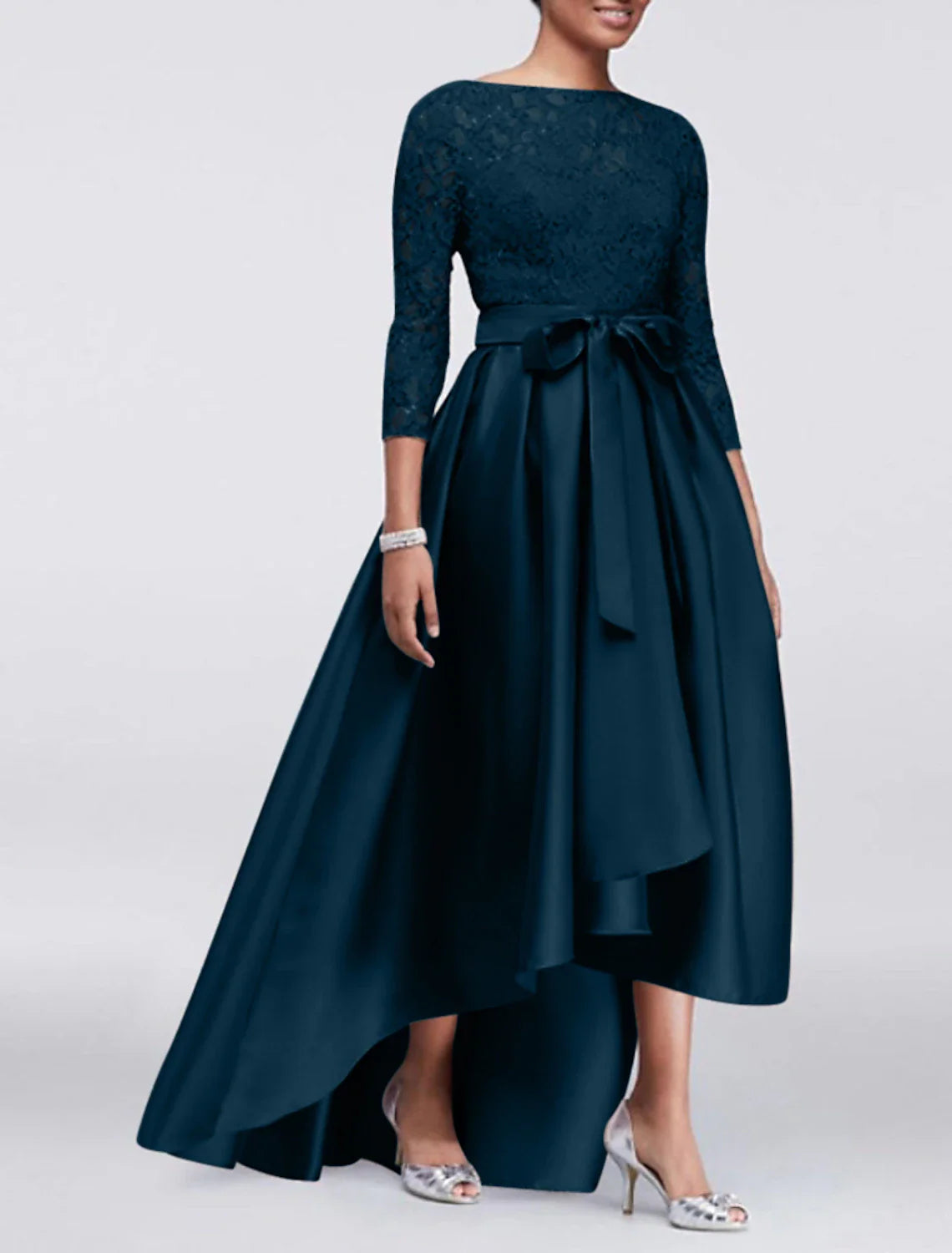 A-Line Mother of the Bride Dress Wedding Guest Elegant Plus Size High Low Jewel Neck Asymmetrical Satin Lace 3/4 Length Sleeve with Sash / Ribbon Appliques